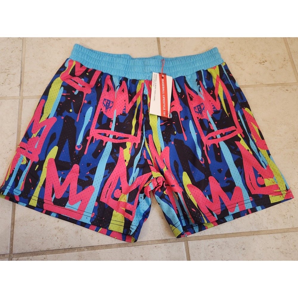 Baseball Lifestyle 101 Mens Small Graffiti Crown Mesh Athletic Shorts Blue Pink